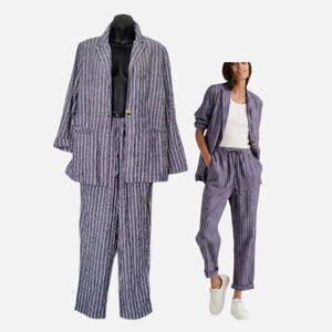 Lucky Brand Linen Blend Striped Suit Set Small Coastal Chic Pinstripe Spring